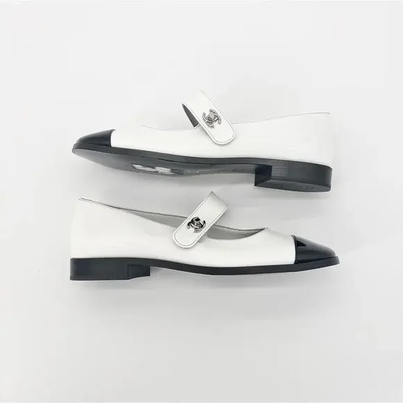 Chanel CC Logo Turnlock Calfskin Patent Leather Cap Toe Maryjane Flats Shoes 37 - Picture 6 of 13
